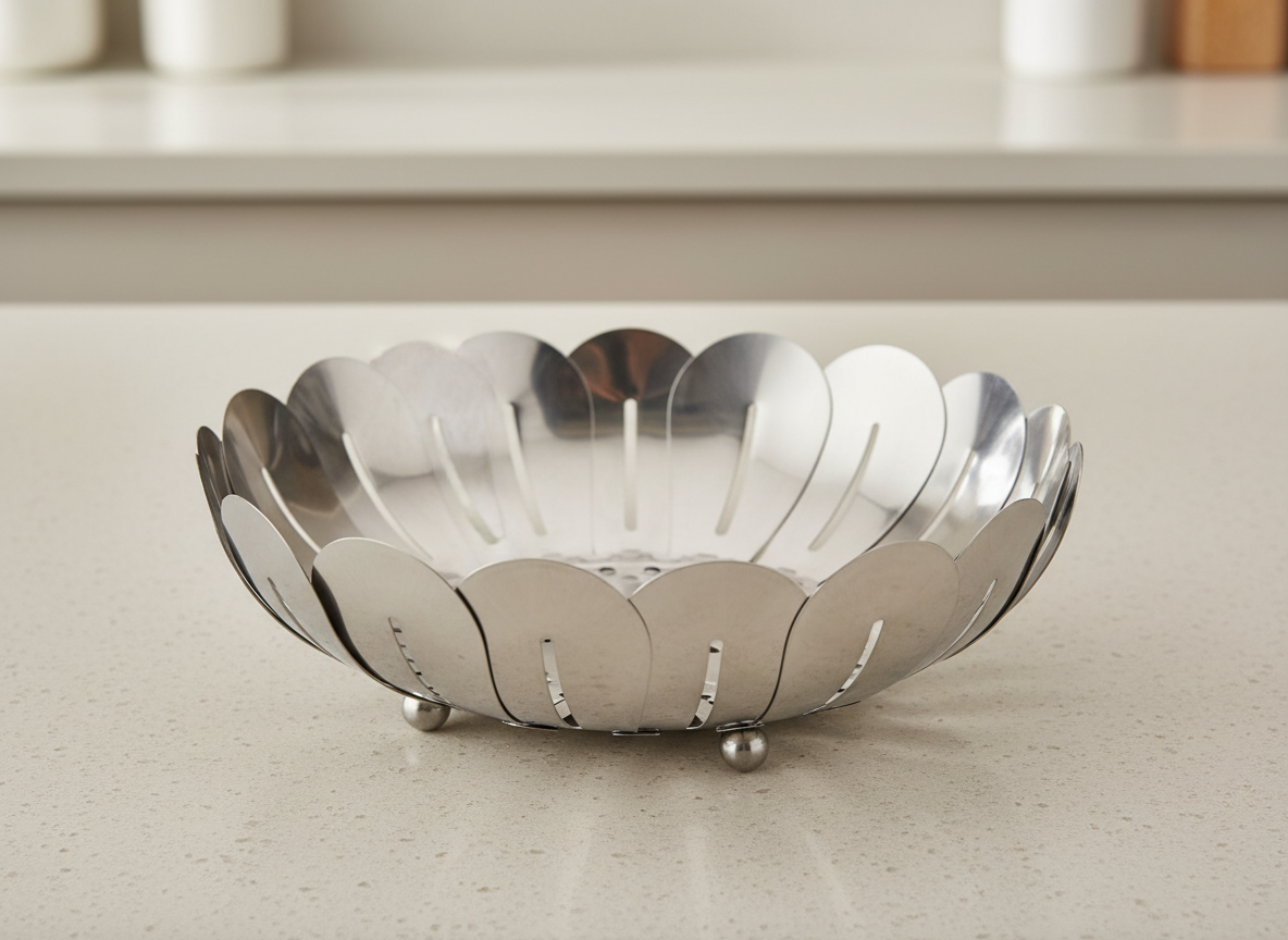A generic round metal collapsible steamer basket shown open on a kitchen worktop