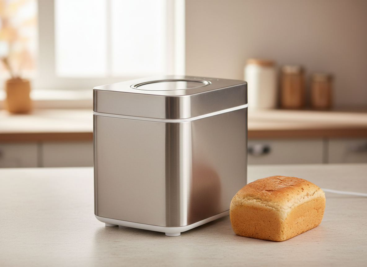A small compact countertop bread maker beside a loaf of bread