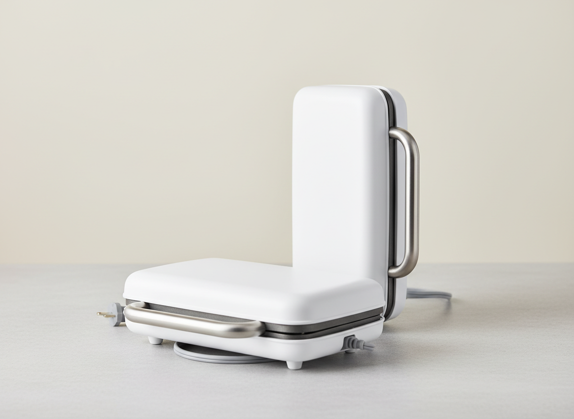 A generic compact electric clamshell press appliance, shown closed flat and also standing upright to show vertical storage