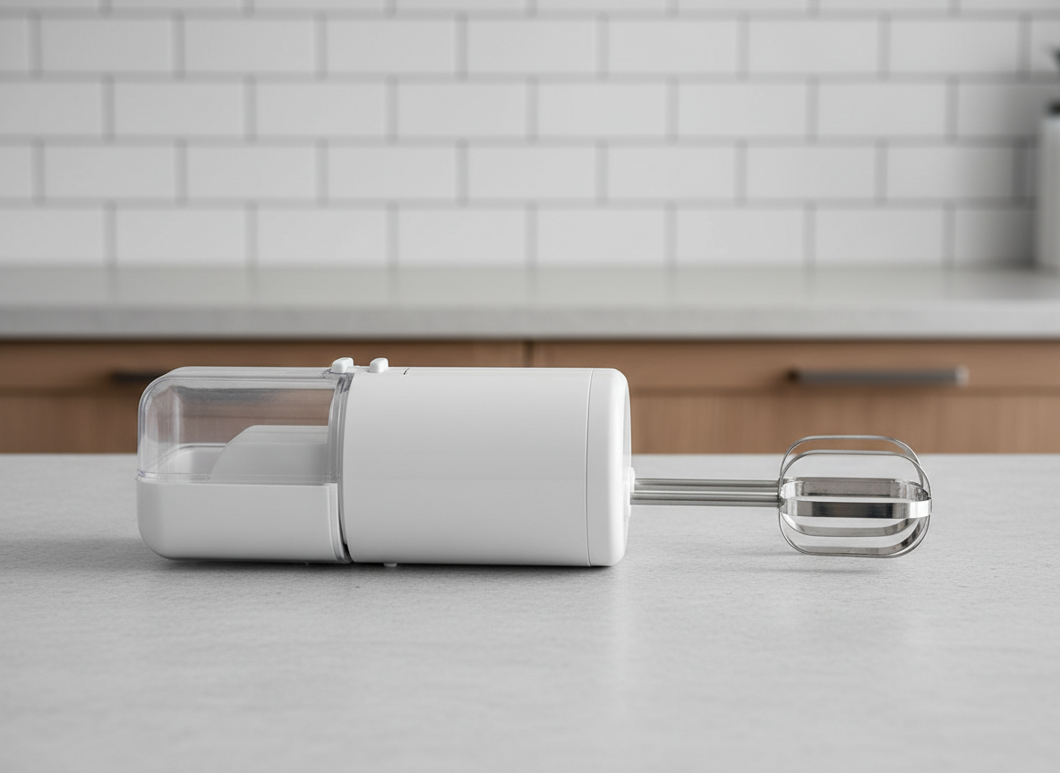 A generic electric hand mixer with stainless steel beaters beside a small storage case