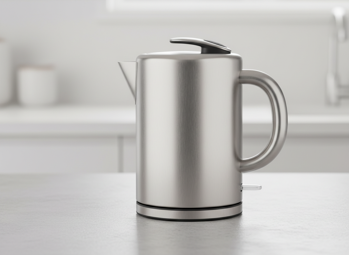 A generic compact stainless steel kettle with a swivel base on a worktop