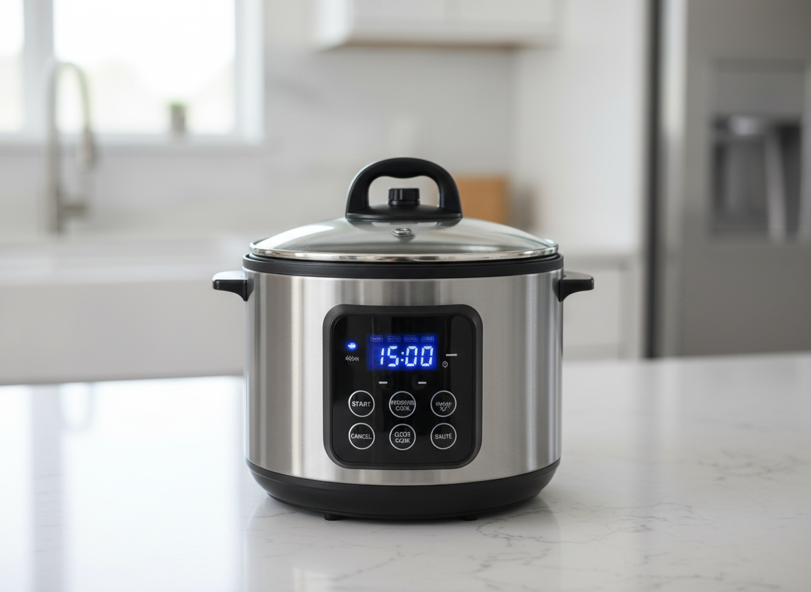 A generic compact electric multi-cooker with a digital control panel and glass lid on a kitchen worktop