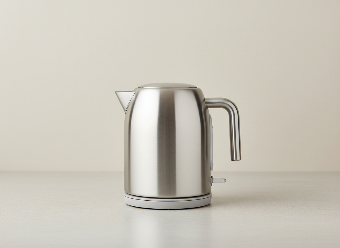 A generic small stainless steel jug kettle on a kitchen worktop