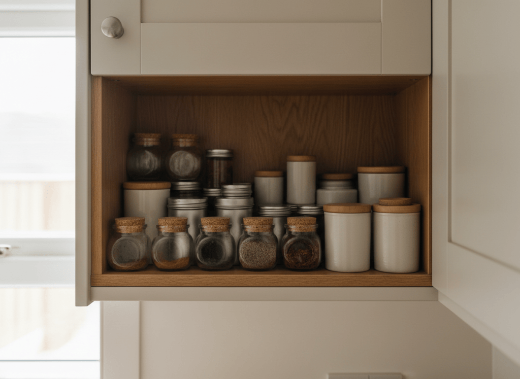 A small kitchen cupboard shelf crowded with spice jars and tins of different heights