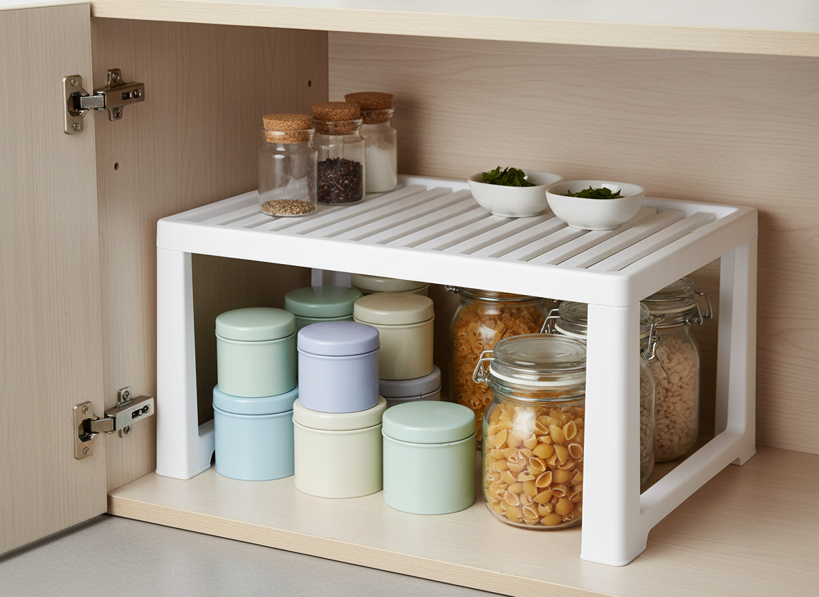 A white plastic shelf riser creating a second level inside a kitchen cupboard