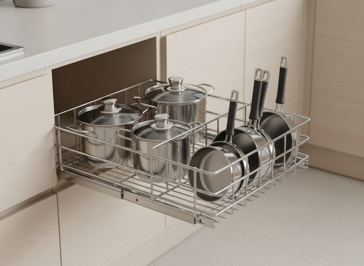 A pull-out wire rack with adjustable dividers holding saucepans upright in a cupboard