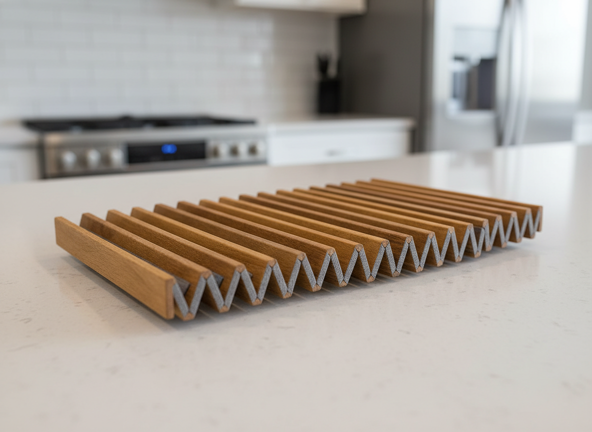 A generic expandable concertina-style trivet opened out in a fan shape on a kitchen worktop