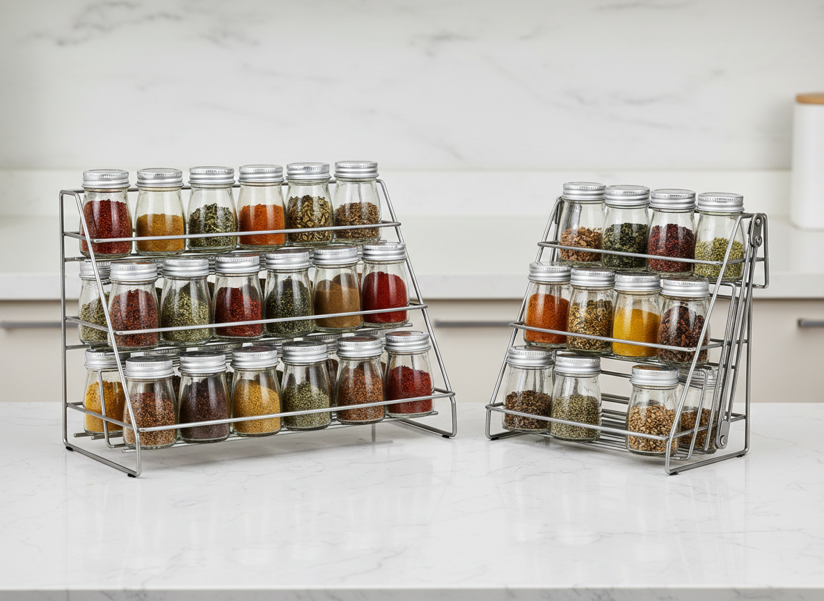 A three tier metal step shelf spice rack holding spice jars, with a second one folded flat beside it