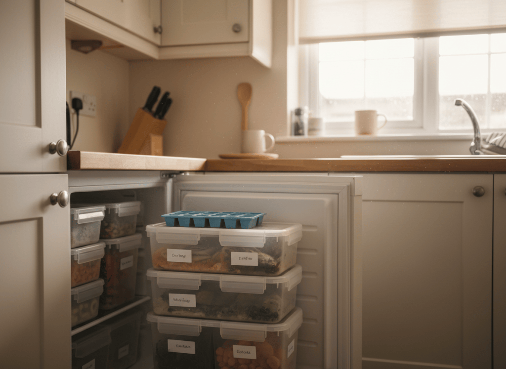 A small kitchen freezer drawer pulled open showing neatly stacked containers inside