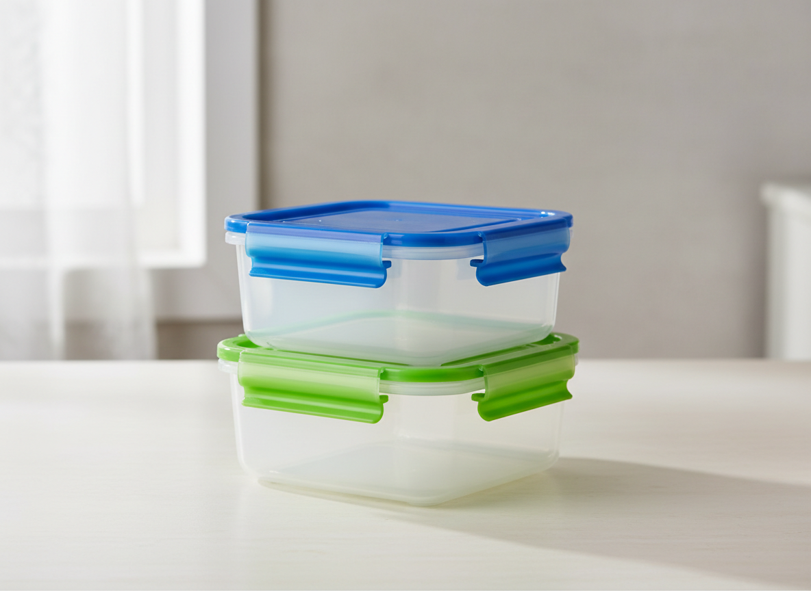 Two small stackable plastic food containers with clip lids on a kitchen worktop