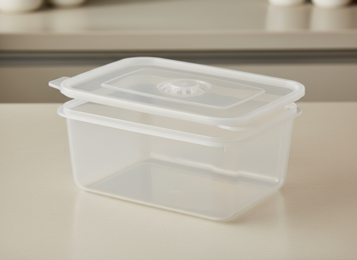 A vented plastic produce keeper container with its lid open on a kitchen worktop