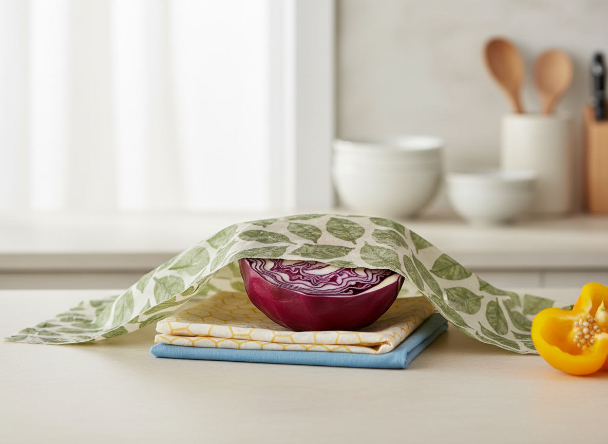Folded reusable fabric food wraps next to a cut vegetable on a kitchen worktop
