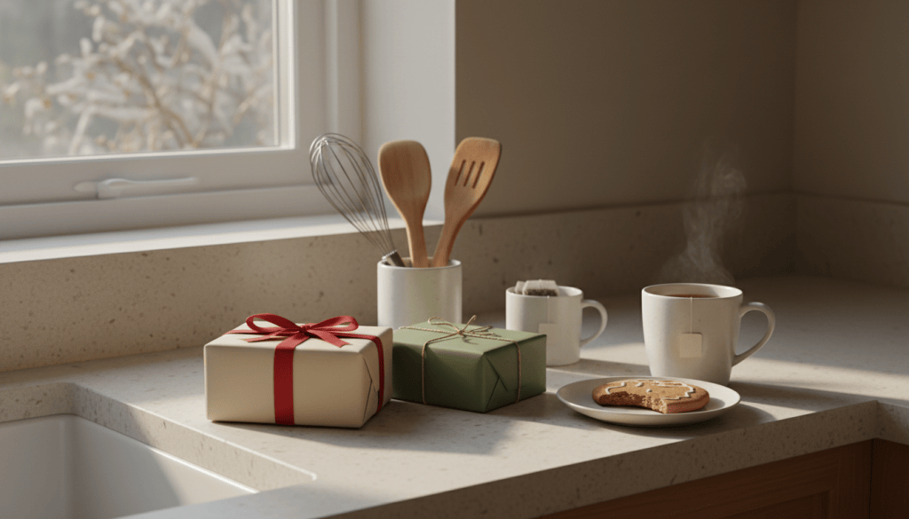 A small kitchen worktop with wrapped gifts and compact kitchen gadgets