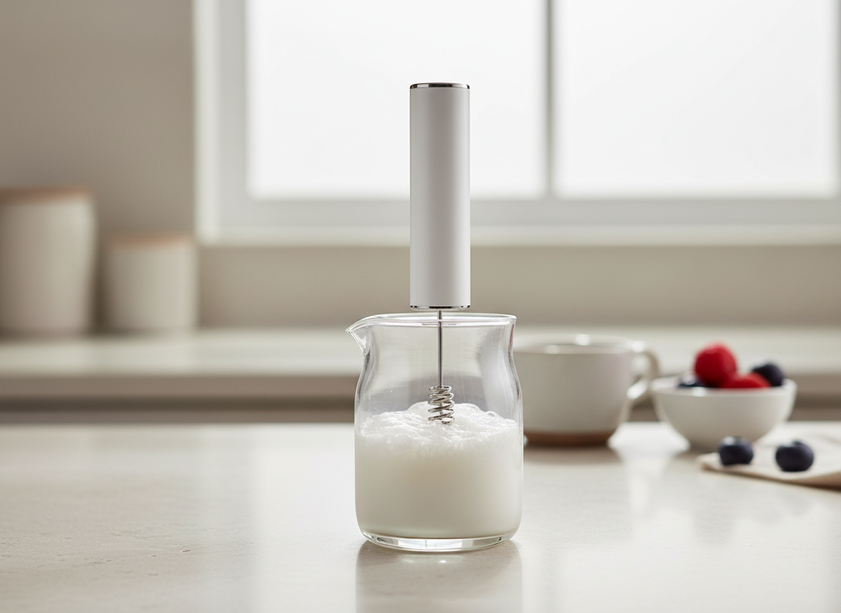 A generic handheld milk frother standing in a small jug of frothed milk