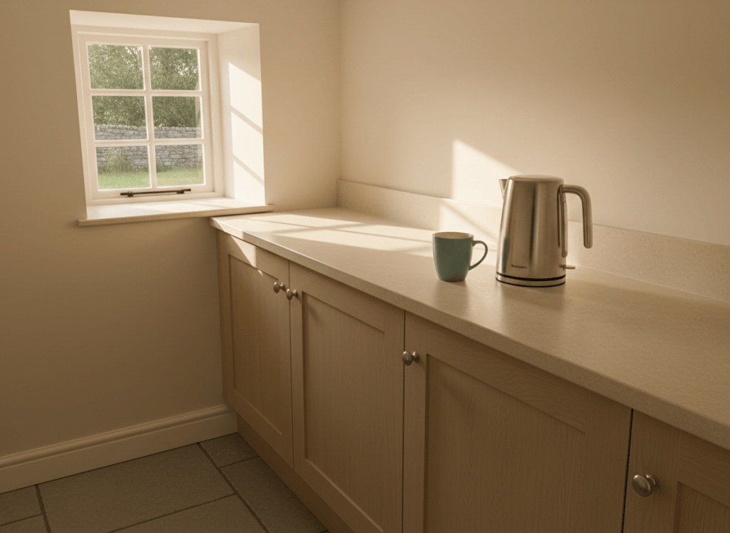 A small kettle on a narrow strip of kitchen worktop in a compact UK kitchen