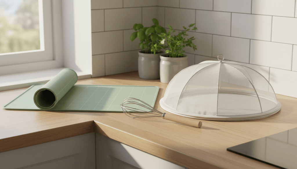 A small UK kitchen worktop with a few compact, space-saving kitchen tools laid out neatly
