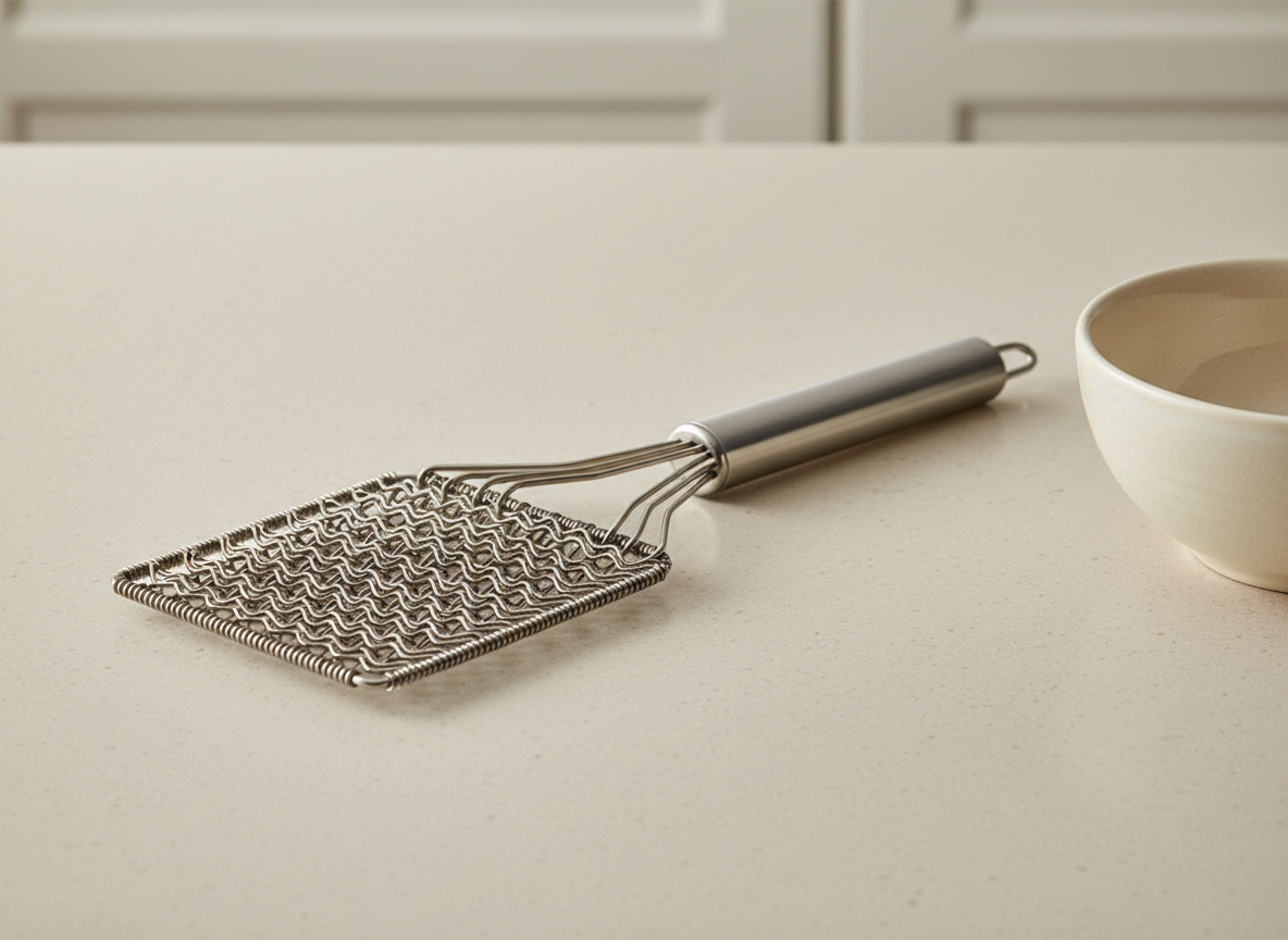 A whisk with a flat, paddle shaped zigzag wire head lying beside a shallow bowl