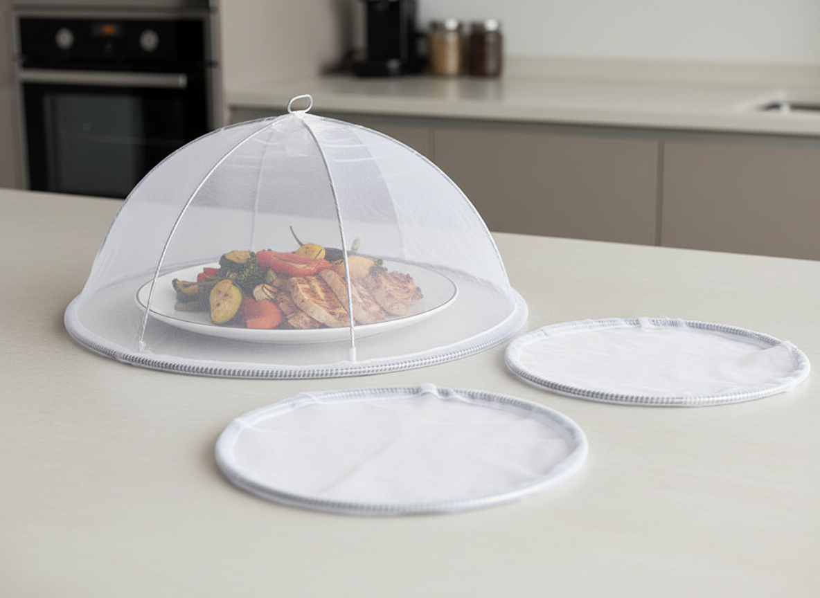 A mesh food cover dome over a plate, with two more collapsed flat beside it