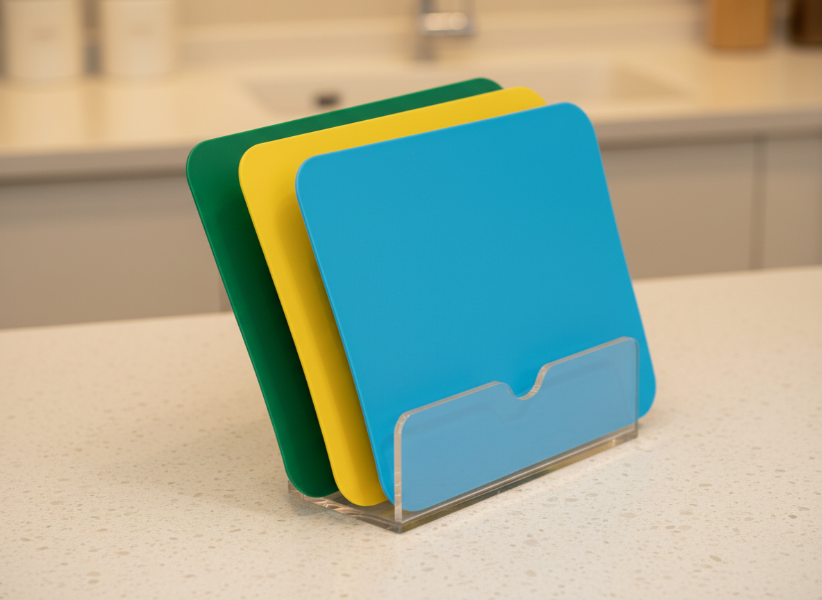 Three flexible chopping mats propped upright in a slot holder on a worktop