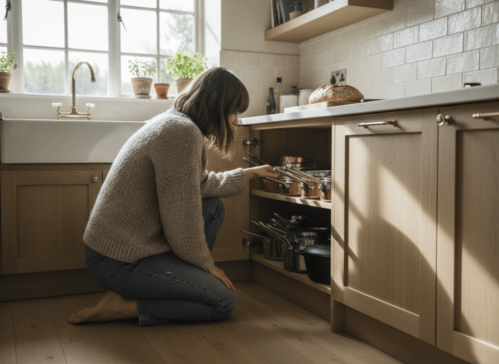 A small UK kitchen with someone tidying a cupboard of pots and pans