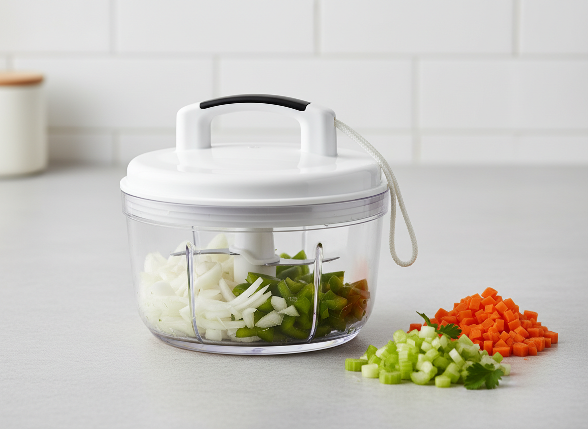 A small hand-powered food chopper with a pull cord lid beside chopped vegetables
