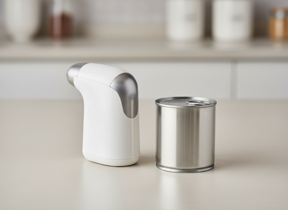 A small handheld electric can opener beside a tin can