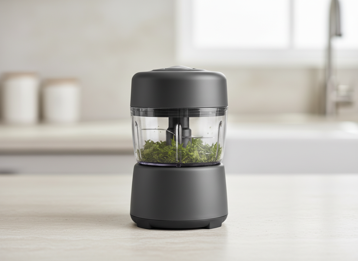 A small electric mini food chopper on a kitchen worktop