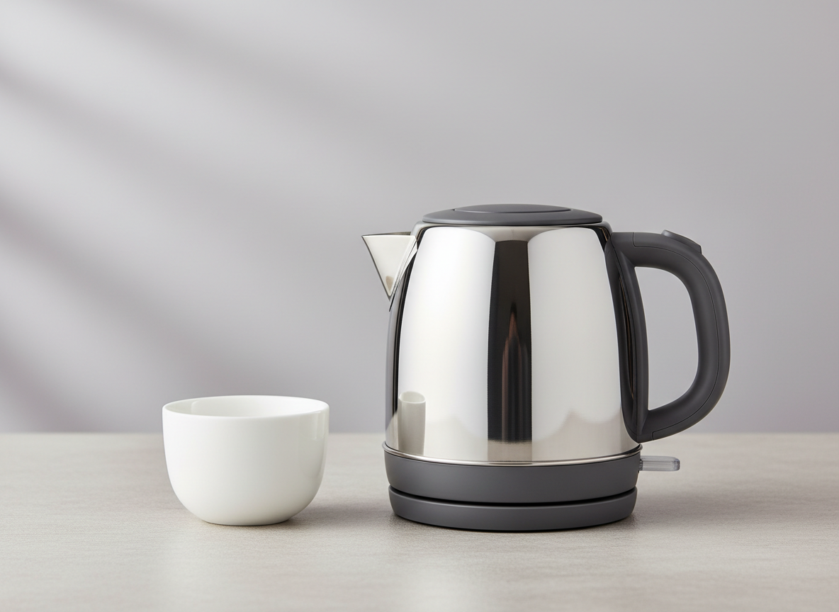 A generic small mini kettle with dark trim beside a teacup on a worktop