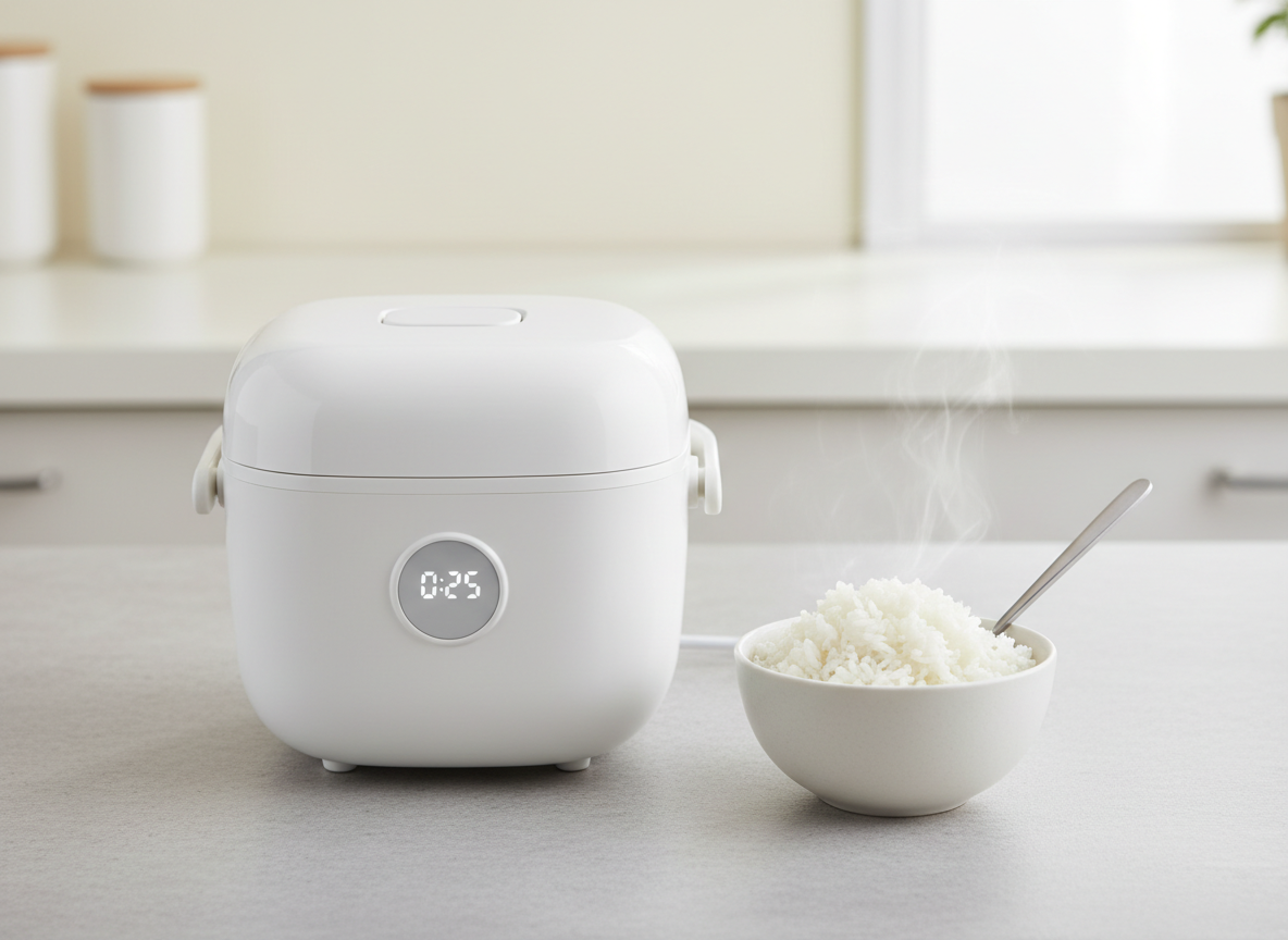A small white electric rice cooker beside a bowl of cooked rice