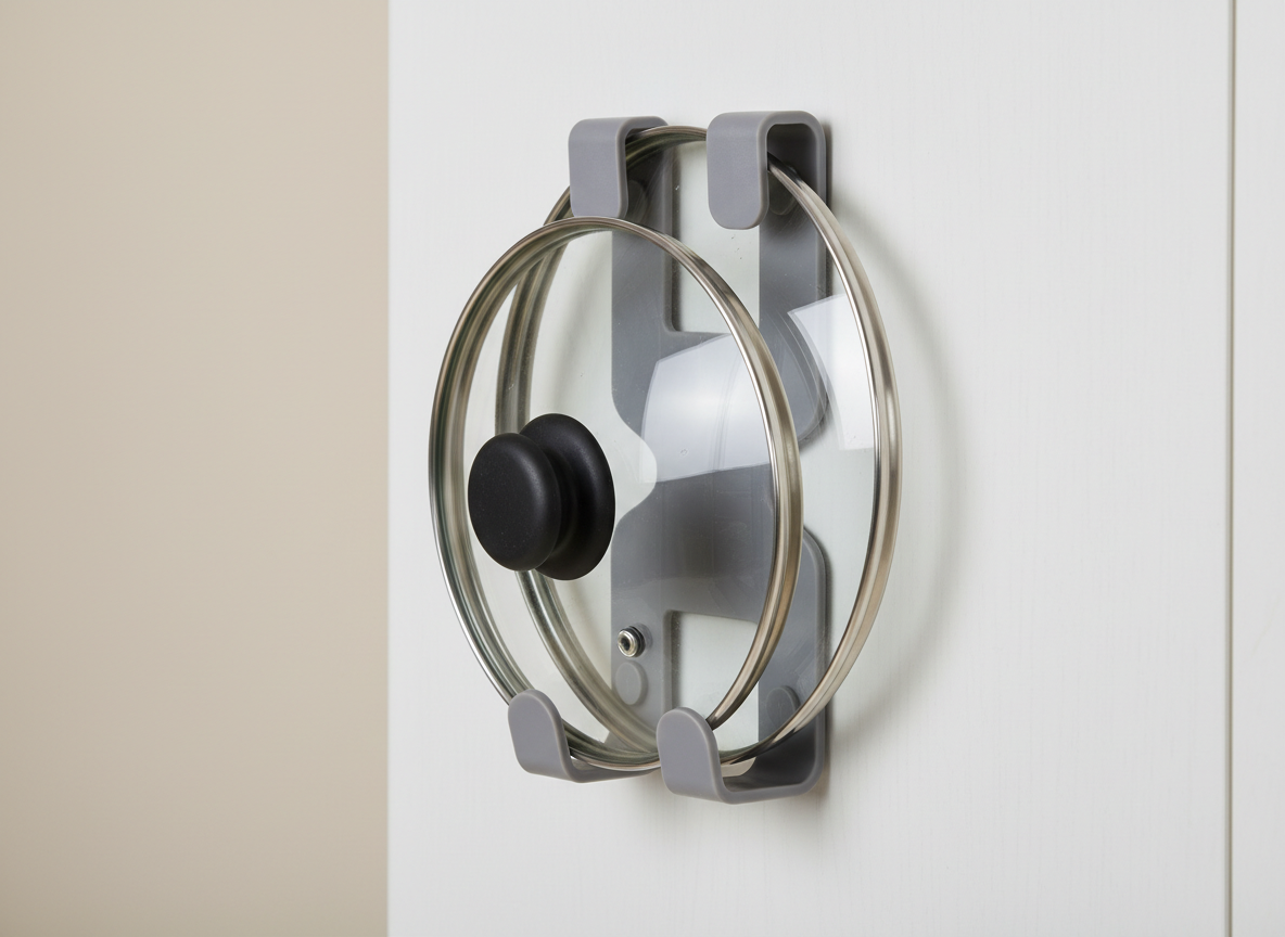 Grey wall mounted holders fixed inside a cupboard door, each holding a pan lid upright