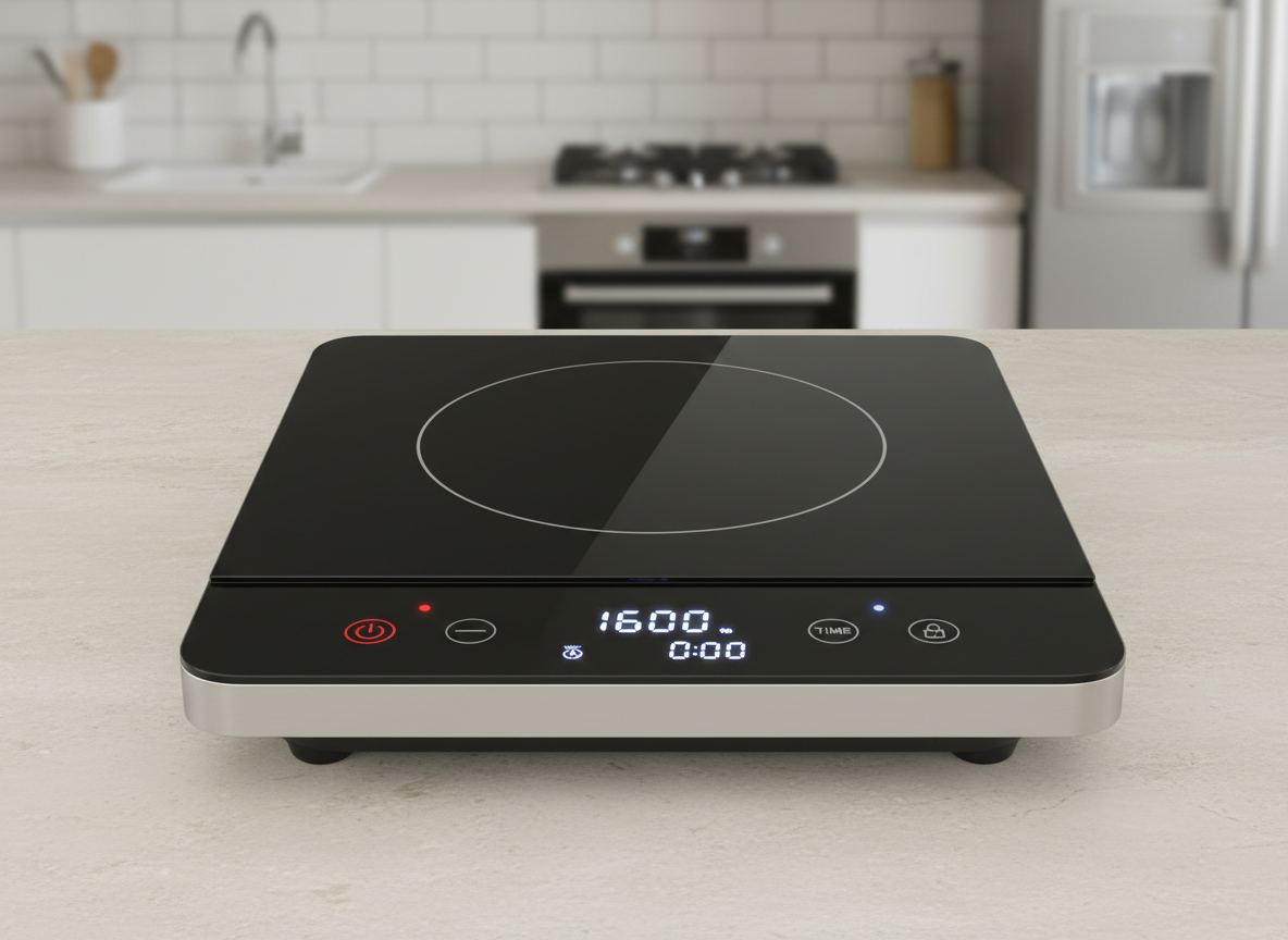 A generic single portable induction hob with a black glass top on a kitchen worktop