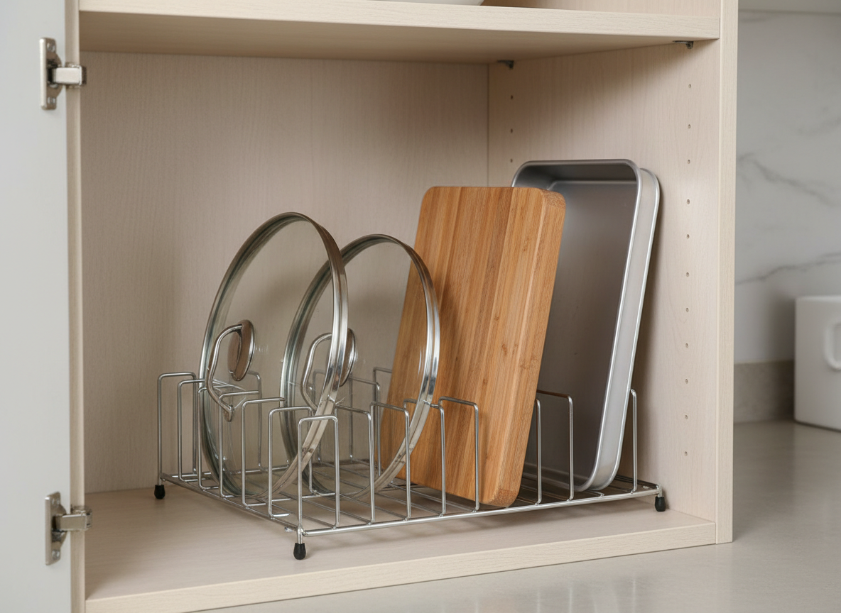 A stainless steel rack holding pot lids, a chopping board and a baking tray upright in slots