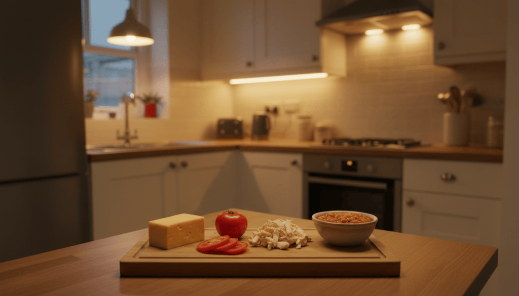 A small kitchen worktop set up for a quick evening meal with simple ingredients ready to go