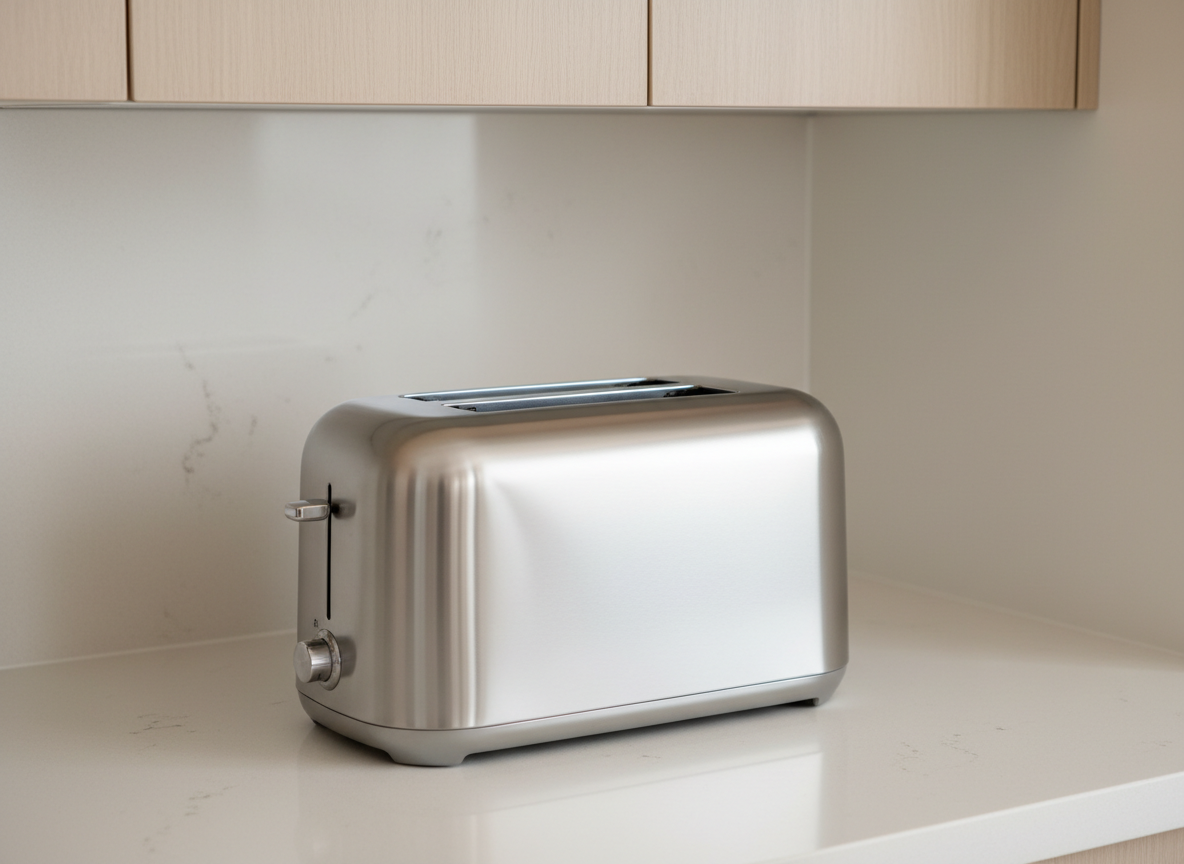 A short, wide two slice toaster with a stainless steel body and rounded ends