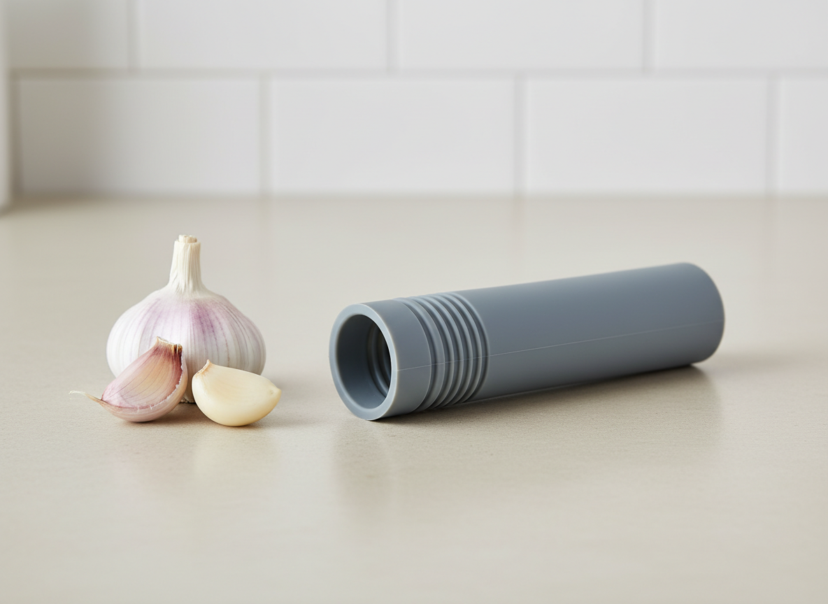 A generic small silicone garlic peeler tube beside a few garlic cloves on a worktop