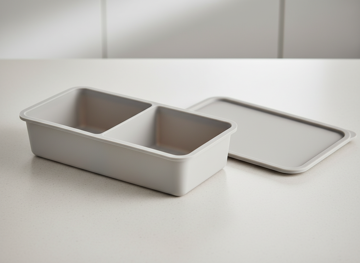 A rectangular silicone freezer tray divided into two large portions with a lid beside it