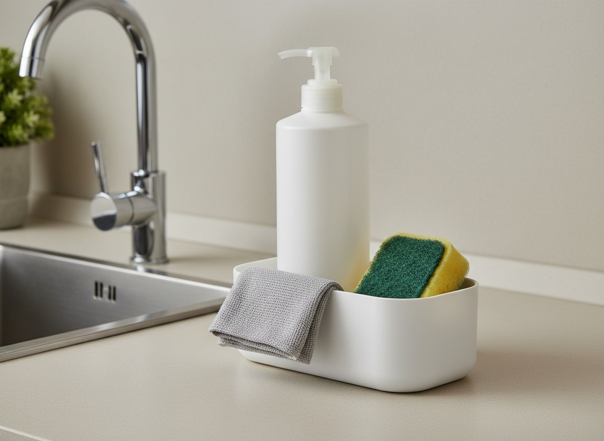 A generic plastic sink caddy holding washing up liquid, a sponge and a draped cloth beside a kitchen sink