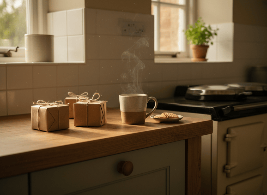 A small kitchen worktop with a few simple wrapped gifts and a cup of tea