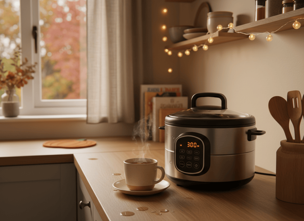 A small, tidy UK kitchen worktop with one compact electric cooker sitting beside a mug of tea