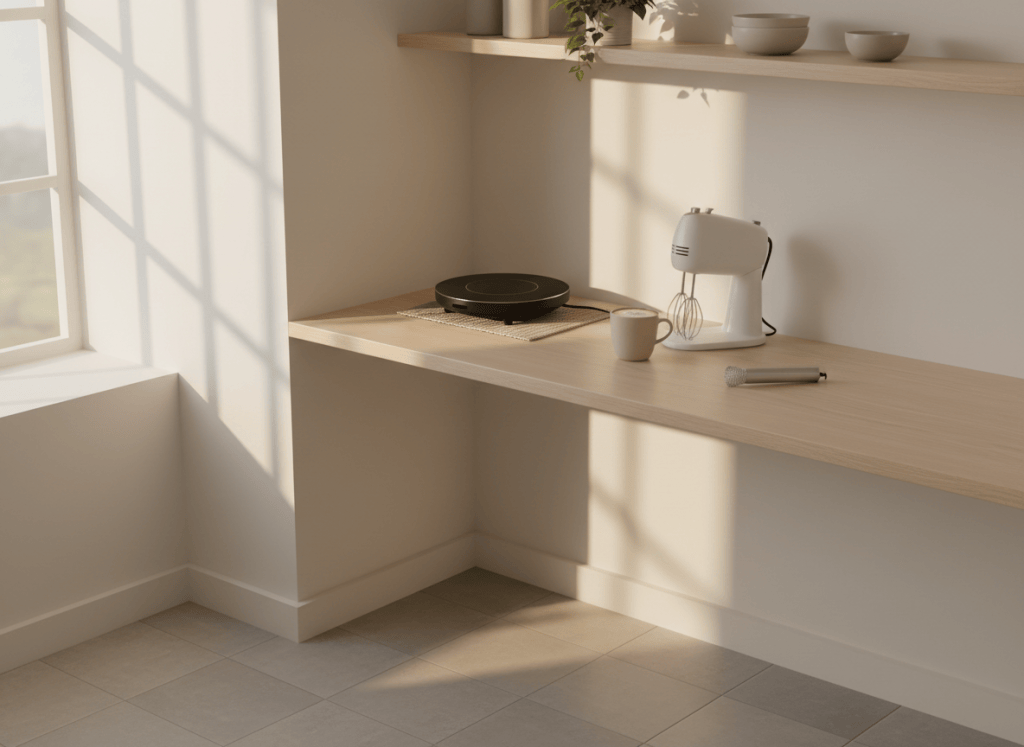 A small kitchen worktop with a portable hob, a hand mixer and a milk frother arranged neatly together