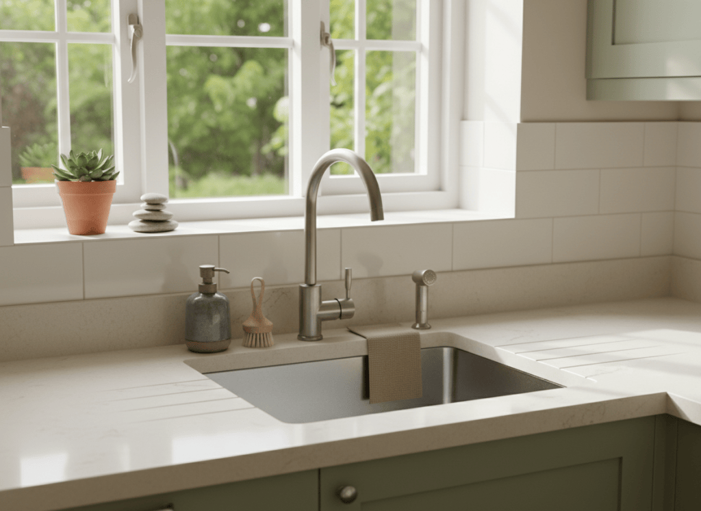 A small kitchen sink area with a stainless steel sink and tap in soft morning light