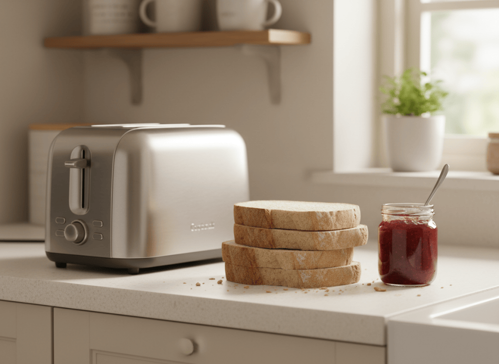 A small kitchen worktop scene with a compact toaster, bread and jam in soft morning light