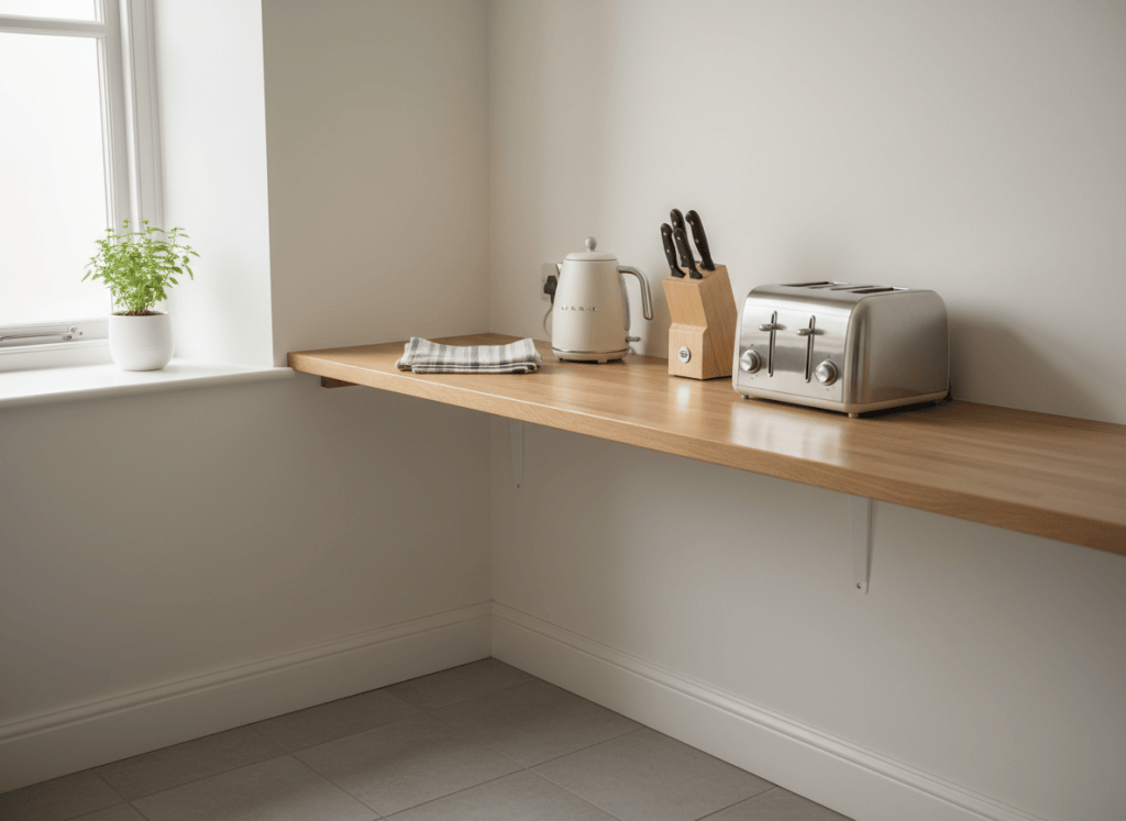 A small, tidy kitchen worktop with simple compact kitchen gadgets in soft natural light