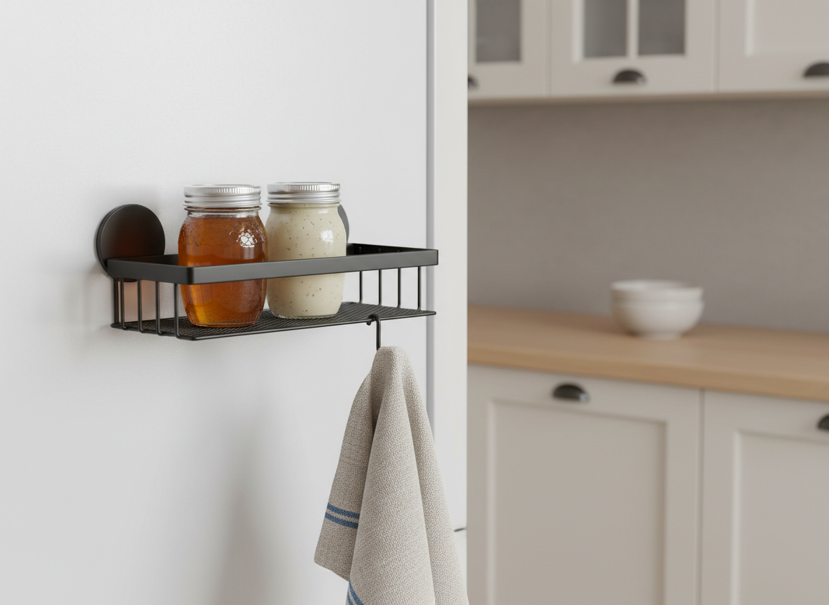 A generic small metal wire shelf attached by magnets to the side of a kitchen fridge, holding a couple of plain jars and a tea towel on a side hook, with kitchen cupboards visible behind it