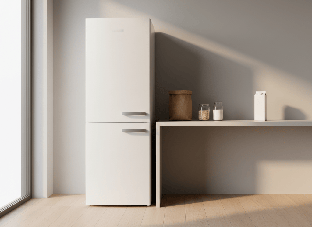 Soft-lit clean product-photo style on a light neutral worktop: a small modern UK kitchen corner with a white fridge-freezer, warm morning light through a nearby window, a few plain grocery items on the counter beside it. Generic unbranded design, no text, no logos, no brand names.
