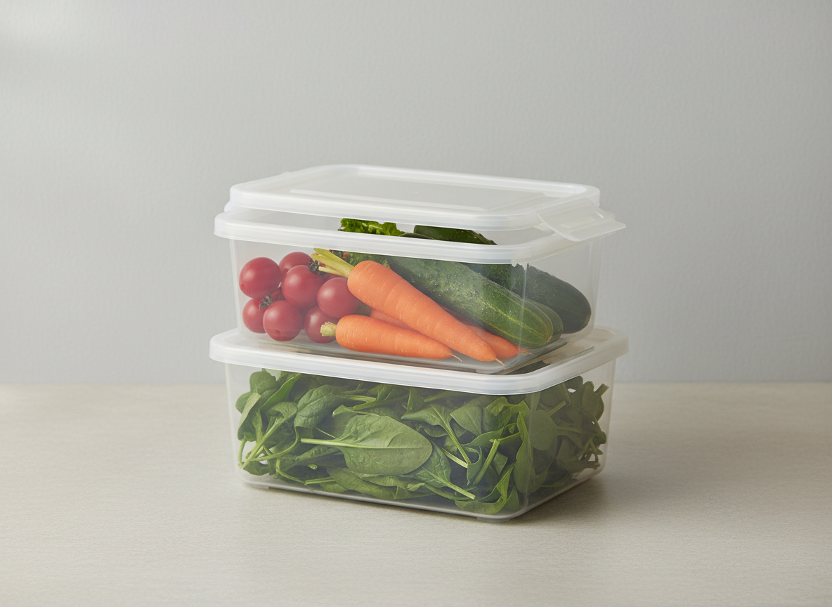 A generic stack of clear plastic storage bins with lids, two stacked on top of each other, one open and holding loose vegetables