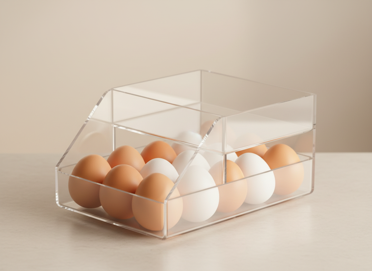 A generic clear two tier egg holder tray tilted at a slight angle, with a few eggs rolled down to the lower front row