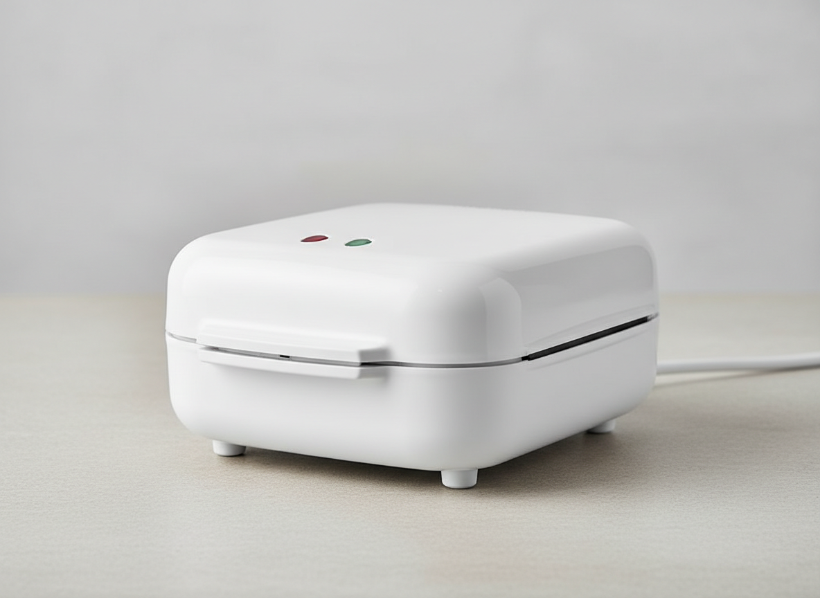A generic small white compact sandwich toastie maker shown closed with a cool-touch handle
