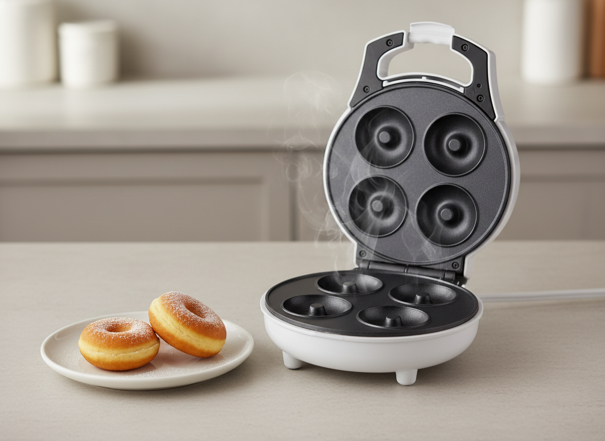 A generic small electric mini doughnut maker, open to show round cavities, with two mini doughnuts beside it
