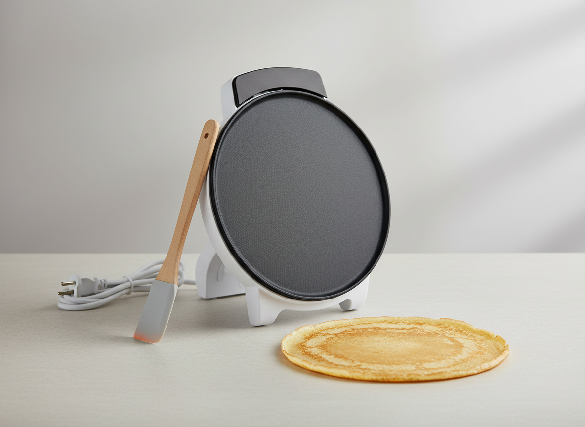 A generic small electric pancake and crepe maker with a round flat hot plate, propped up on its end beside a spatula